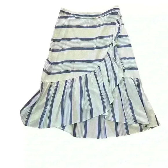 Ann Taylor LOFT midi Skirt Size 6 White Blue Chambray Stripes Ruffle Career - Picture 2 of 6